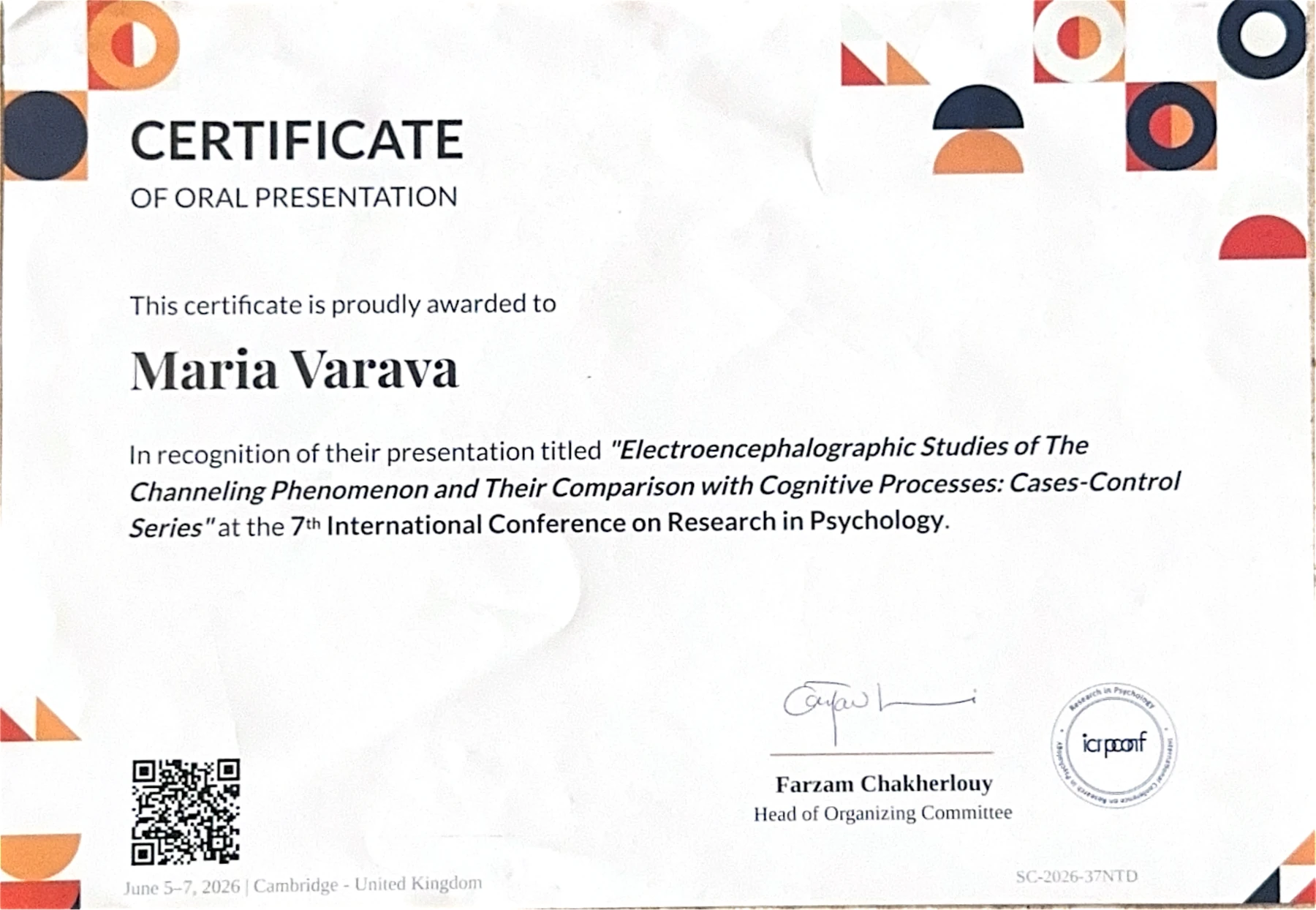 Electroencephalographic Studies of the Channeling Phenomenon — 7th International Conference on Research in Psychology · Cambridge