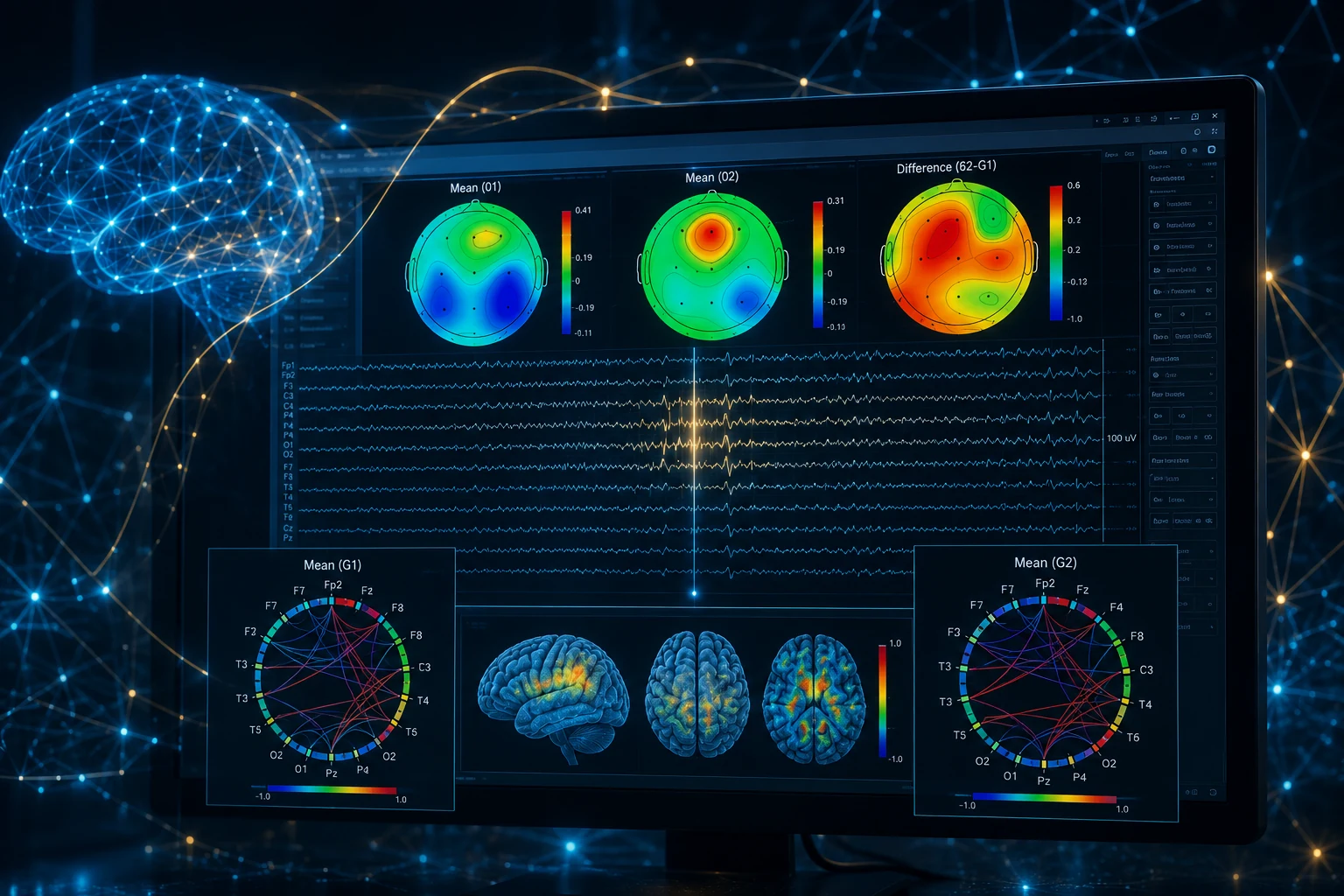Brain activity maps and neurophysiological data illustrating the research approach